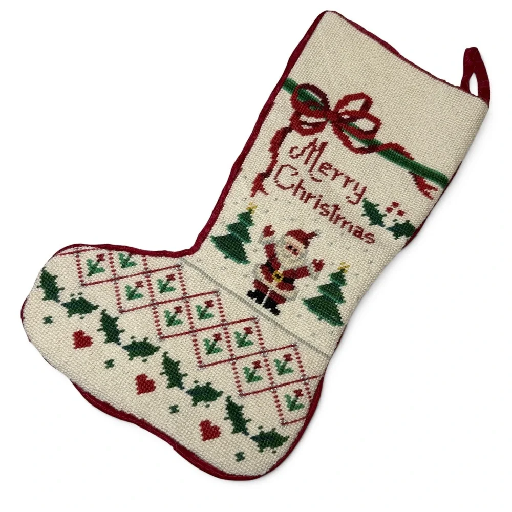 Handmade Needlepoint Christmas Stocking 19in Santa Trees Red Velvet Lined